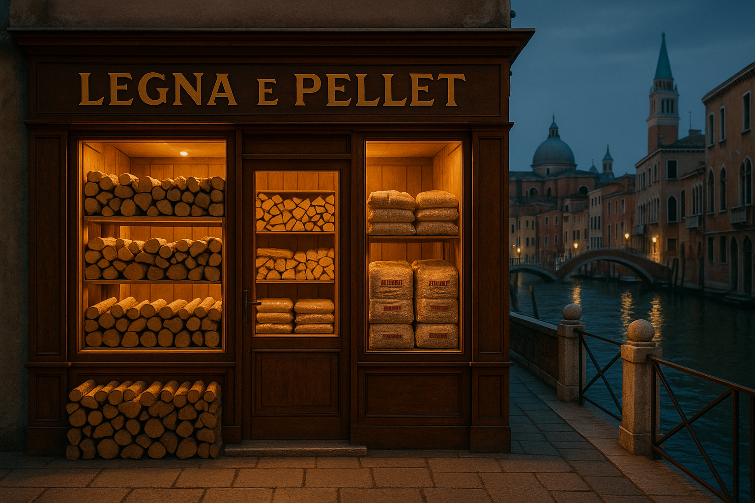 negozio di legna e pellet   a venezia  crea con sfondo  venezia dietro 